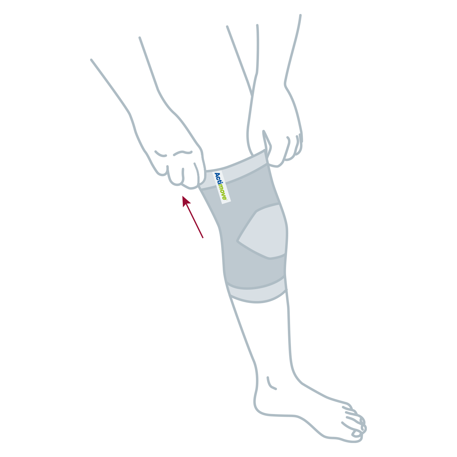How to put on the Actimove Arthritis Care Knee Support: Slide your foot into your knee sleeve and pull it up onto your knee
 How to put on the Actimove Arthritis Care Knee Support: Slide your foot into your knee sleeve and pull it up onto your knee